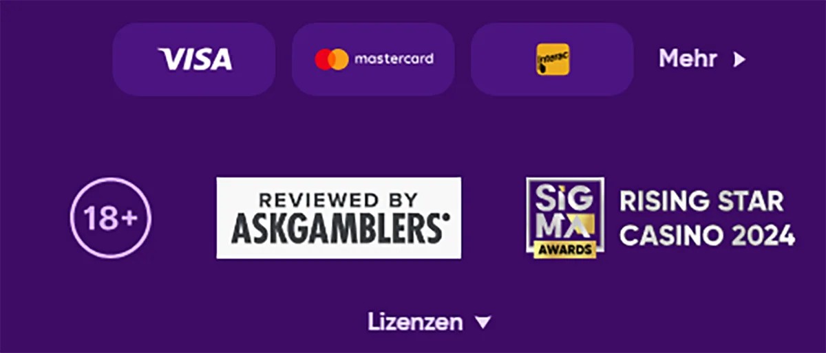 Casino footer section showing supported payment methods Visa, Mastercard, and Maestro with a “More” link, an 18+ age restriction icon, an AskGamblers review badge, a SIGMA Awards “Rising Star Casino 2024” badge, and a Licenses dropdown on a purple background.