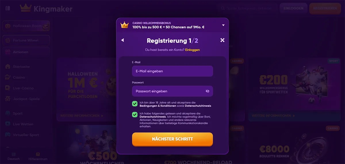 Kingmaker casino registration popup in German showing step 1 of 2 sign-up with a casino welcome bonus of 100% up to €500 plus extra chances, email and password fields, age and privacy consent checkboxes, and an orange “Next step” button on a purple casino interface.