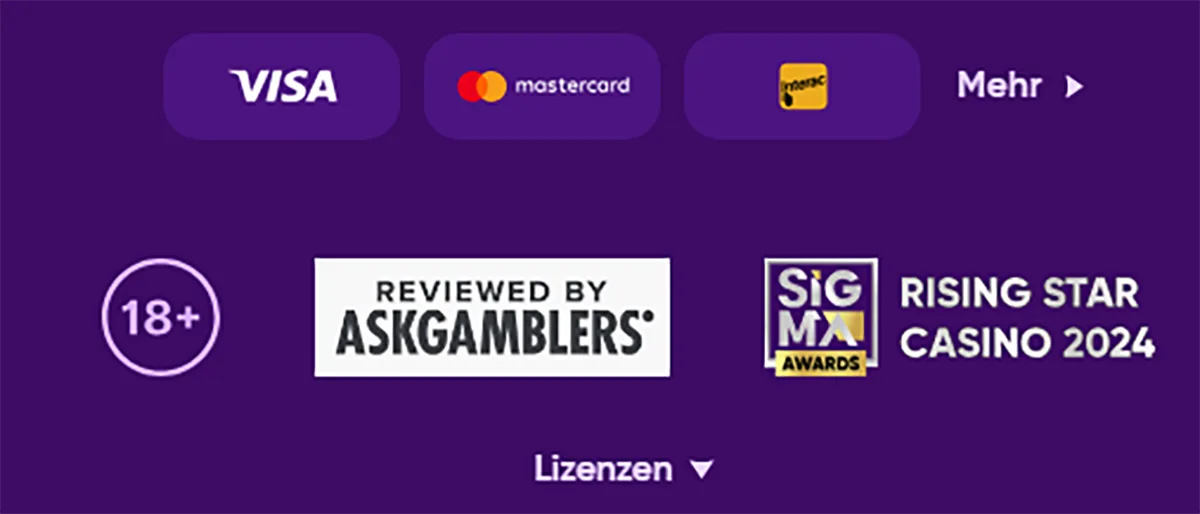 Casino footer section showing supported payment methods Visa, Mastercard, and Maestro with a “More” link, an 18+ age restriction icon, an AskGamblers review badge, a SIGMA Awards “Rising Star Casino 2024” badge, and a Licenses dropdown on a purple background.
