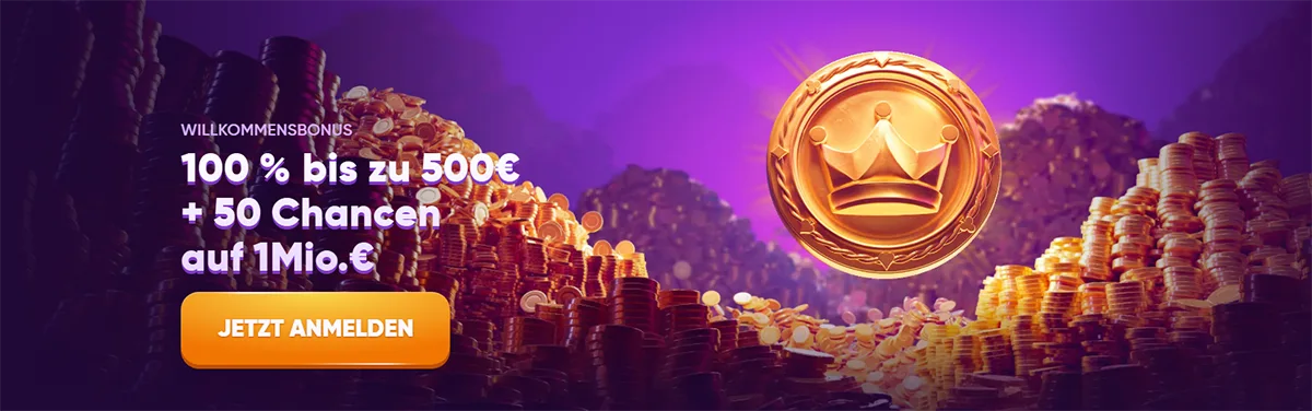 German casino welcome bonus banner offering 100% up to €500 plus 50 chances to win €1 million, featuring stacks of gold coins, a crown emblem coin, and a “Jetzt anmelden” (Register now) call-to-action button on a purple background.
